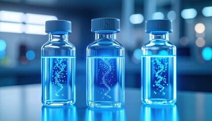 Three Vials with Luminous Blue Liquid and DNA Structures