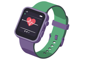 A vibrant illustration showcases a purple smartwatch with a heart rate monitor, labeled 'Smart Pulse Hub'. It?s a modern, eye-catching design suitable for health and technology marketing.