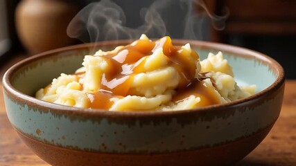 Steaming bowl of creamy mashed potatoes topped with savory gravy, a comforting and delicious meal. - Powered by Adobe