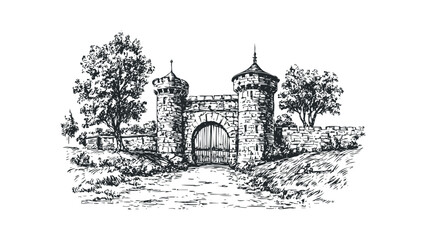 Hand Drawn Castle Gate Entrance with Trees and Stone Wall. Vector hand drawn illustration