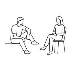  Two people sitting and talking in a simple line art illustration style