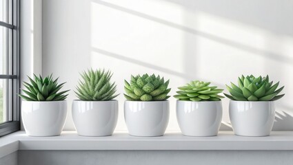 Obraz premium Five potted succulent plants arranged in a row on a windowsill with natural light casting shadows