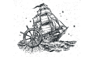 Tall sailing ship with helm on choppy waves under starry sky. Vector hand drawn illustration