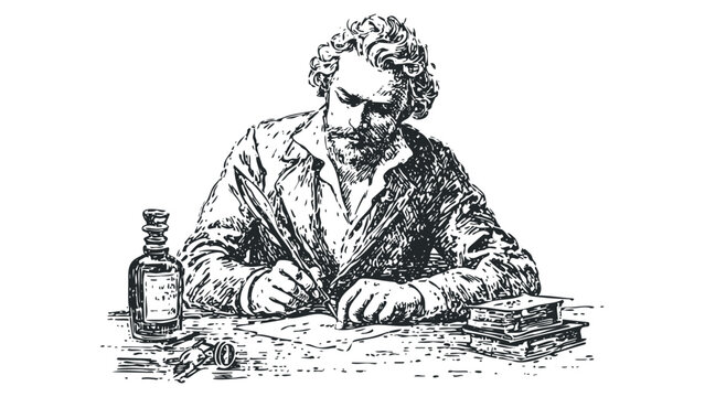 Penmanship artwork of a bearded man writing with ink and quill. Vector hand drawn illustration