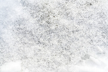 Detailed macro photo of frost and snowflakes with needle-like icy structure. Concept – winter, fragility, natural beauty