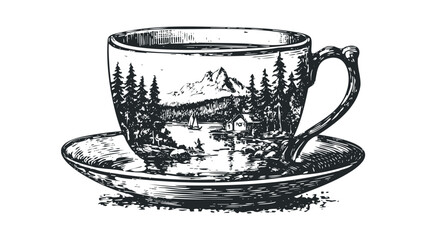 Sketch of a serene lakefront cabin scene reflected in a teacup. Vector hand drawn illustration