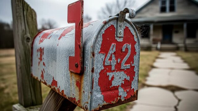 A weathered, red and gray mailbox, bearing "42," stands on a wooden post. The scene includes a blurred house, path and drab background