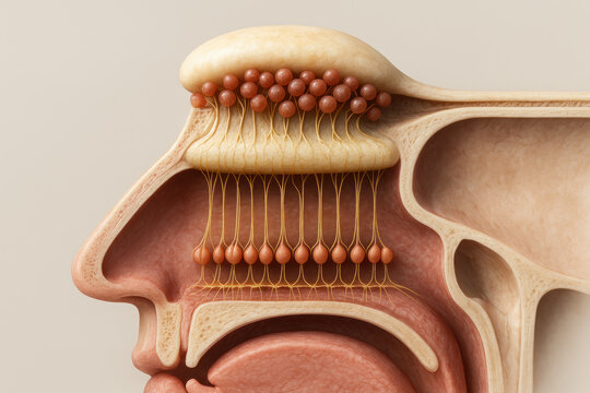Olfactory System Anatomy: Illustration of Nose, Olfactory Bulb and Receptors for Medical Education. Illustration