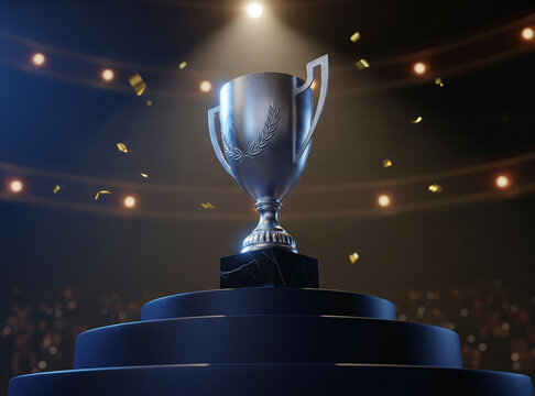 Silver trophy on a marble base atop a winners’ podium under dramatic spotlights with falling confetti