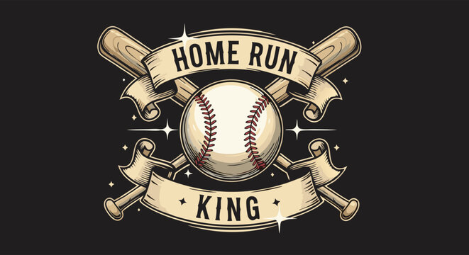 Vector SVG Illustration of Baseball Home Run King with Ribbon Banners and Bat Elements in Retro Style