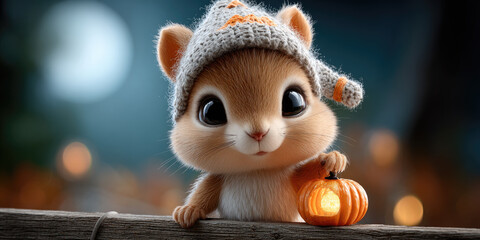 Cute squirrel wearing witch hat holding a small pumpkin next to a lit lantern in a forest at night during Halloween with moon and bokeh lights in the background, 3d render