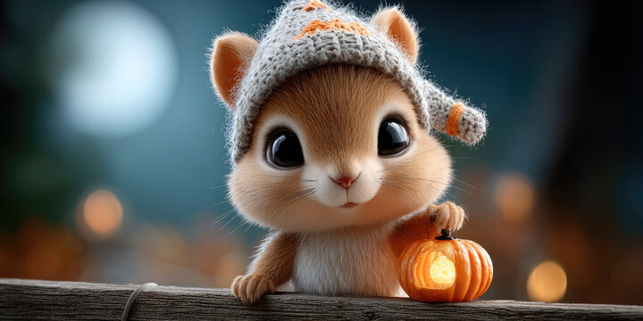Cute squirrel wearing witch hat holding a small pumpkin next to a lit lantern in a forest at night during Halloween with moon and bokeh lights in the background, 3d render