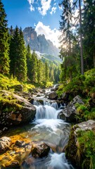 A tranquil mountain stream cascades over rocks, framed by lush green forests and towering peaks under a bright, sunny sky.