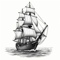 Sailing the Horizon: A majestic galleon cuts through the waves, sails billowing in the wind, evoking a sense of adventure and exploration on the open sea.