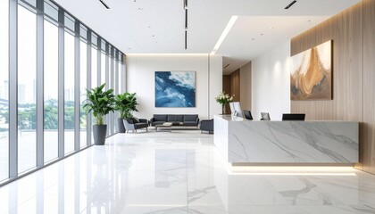 Fototapeta premium Modern luxurious office lobby with white marble reception desk, large windows, polished floors, and contemporary art.