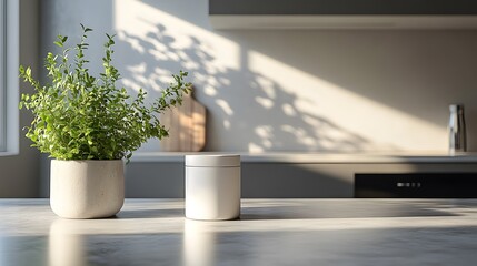 Fototapeta premium A potted green plant and a white canister sit on a countertop with sunlit shadows in a modern kitchen with sleek gray cabinets on a sunny day inside (150)