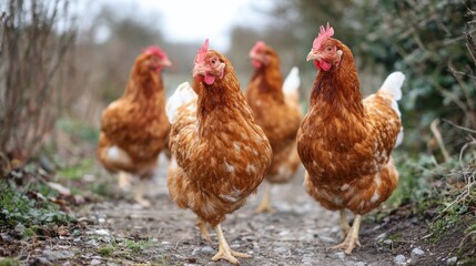 Brown speckled chickens outdoor path