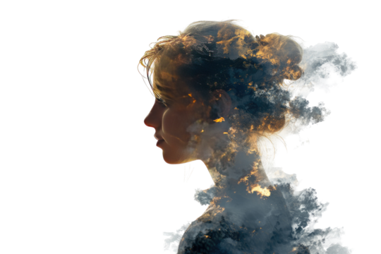 Abstract woman profile, ethereal clouds