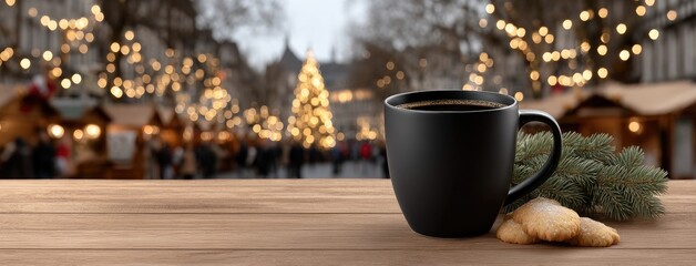 Warm coffee cup with cookies and festive decorations during winter holiday season at outdoor market