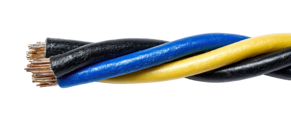 Close-up of twisted electrical wire with black, blue, and yellow insulation.  Exposed copper wire strands are visible at the end