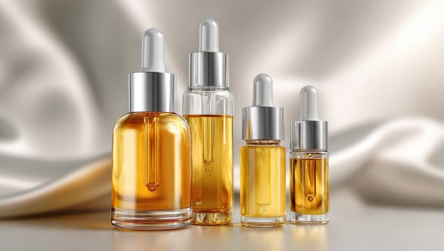 Four glass dropper bottles of golden liquid on a soft beige background