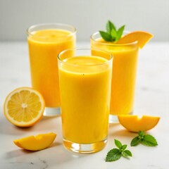 Fototapeta premium Pair of tropical mango-orange smoothies in clear glasses, decorated with ripe mango wedges and vibrant mint, placed on polished marble.