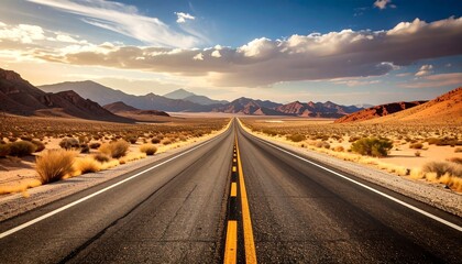 A vast, paved highway stretches into a picturesque desert landscape under a dramatic sky.