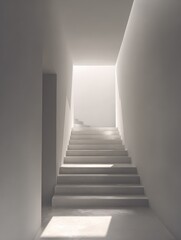 Fototapeta premium a modern staircase ascends framed by stark white walls that create a bright and airy atmosphere linear shadows cast by sunlight enhance the minimalist design evoking tranquility and elegance