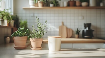 Two potted herbs sit on a bright white kitchen counter with natural light shining on them, next to a ceramic jar with shelves and kitchen utensils behind.