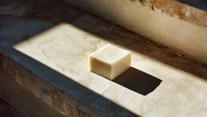 Creamy bar of soap on steps in sunlight