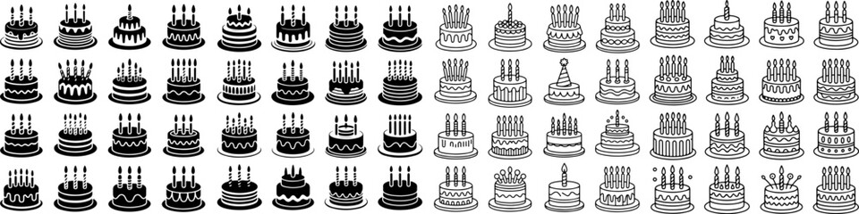 Diverse Collection of Black and White Cake Icons Birthday and Celebration Graphics