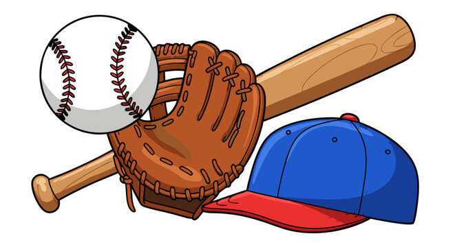 baseball equipment: ball, glove, bat, and cap clip art preview