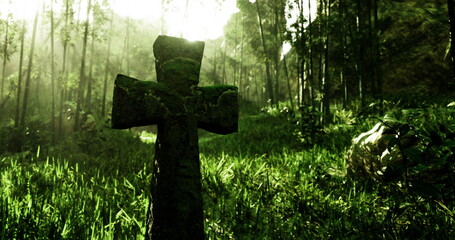 A weathered cross, covered in moss, rises from lush green grass surrounded by tall trees. Morning light filters through the foliage, creating a tranquil atmosphere in the forest.