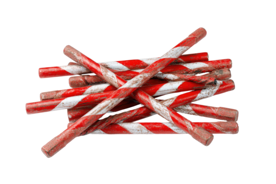 Red and white striped wooden poles overlapping