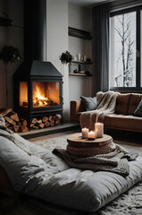 a living room with a fireplace