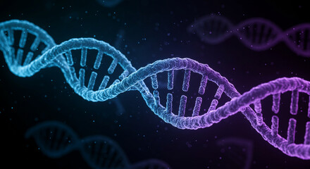 3d render of dna - A stylized DNA double helix with blue and purple hues, representing genetics, biotechnology, scientific research, and the building blocks of life.