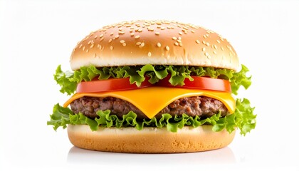 Classic beef cheeseburger with fresh lettuce, tomato, and melted cheese on a sesame seed bun, isolated on a white background.