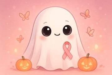 Adorable kawaii ghost with pink ribbon and pumpkins for breast cancer awareness