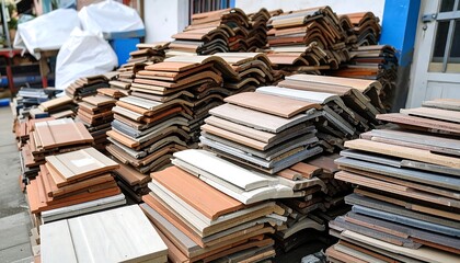 Many stacks of various colored roof tiles and siding panels are displayed outdoors.