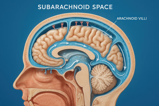 Subarachnoid Space Illustration, Cerebral Spinal Fluid Flow, Brain Anatomy, Medical Diagram [Illustration]