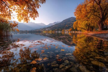 Fototapeta premium A serene crystal-clear lake in autumn reflecting the fiery colors of the surrounding landscape with a majestic mountain in the background.