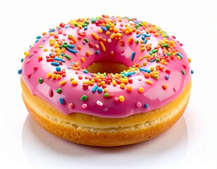 Delicious Donut with Pink Glaze and Colorful Sprinkles on White Background