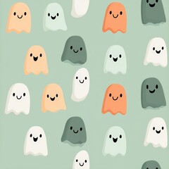 Cute and Colorful Ghost Characters on Soft Green Background