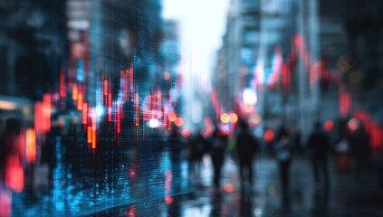 Fototapeta premium Blurry cityscape with overlaid financial charts