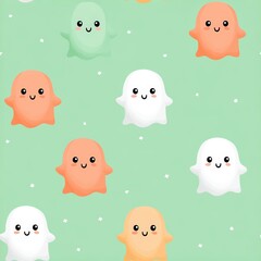 Fototapeta premium Colorful Cute Ghost Characters on Soft Green Background with Stars