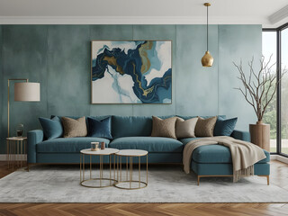 interior with blue sofa. 3d render illustration, scandinavian style