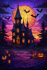 Gothic Halloween Haunted House with Stained Glass Windows