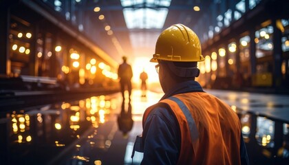 Worker in Factory with Orange Vest and Yellow Hard Hat