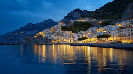Amalfi glows on hills, the scenic scene illuminated by gentle light. Amalfi, hills, with copy space