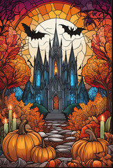 Gothic Halloween Haunted House with Stained Glass Windows
